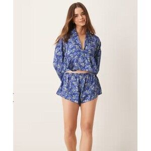 Free People Pajama Set Womens L Blue Floral Satin Button Shirt Shorts Lounge